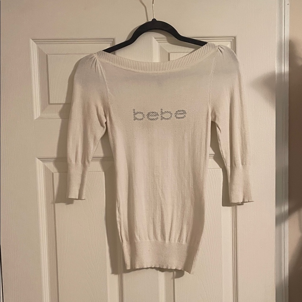 Bebe Off-White Knit Top with Sparkling Logo